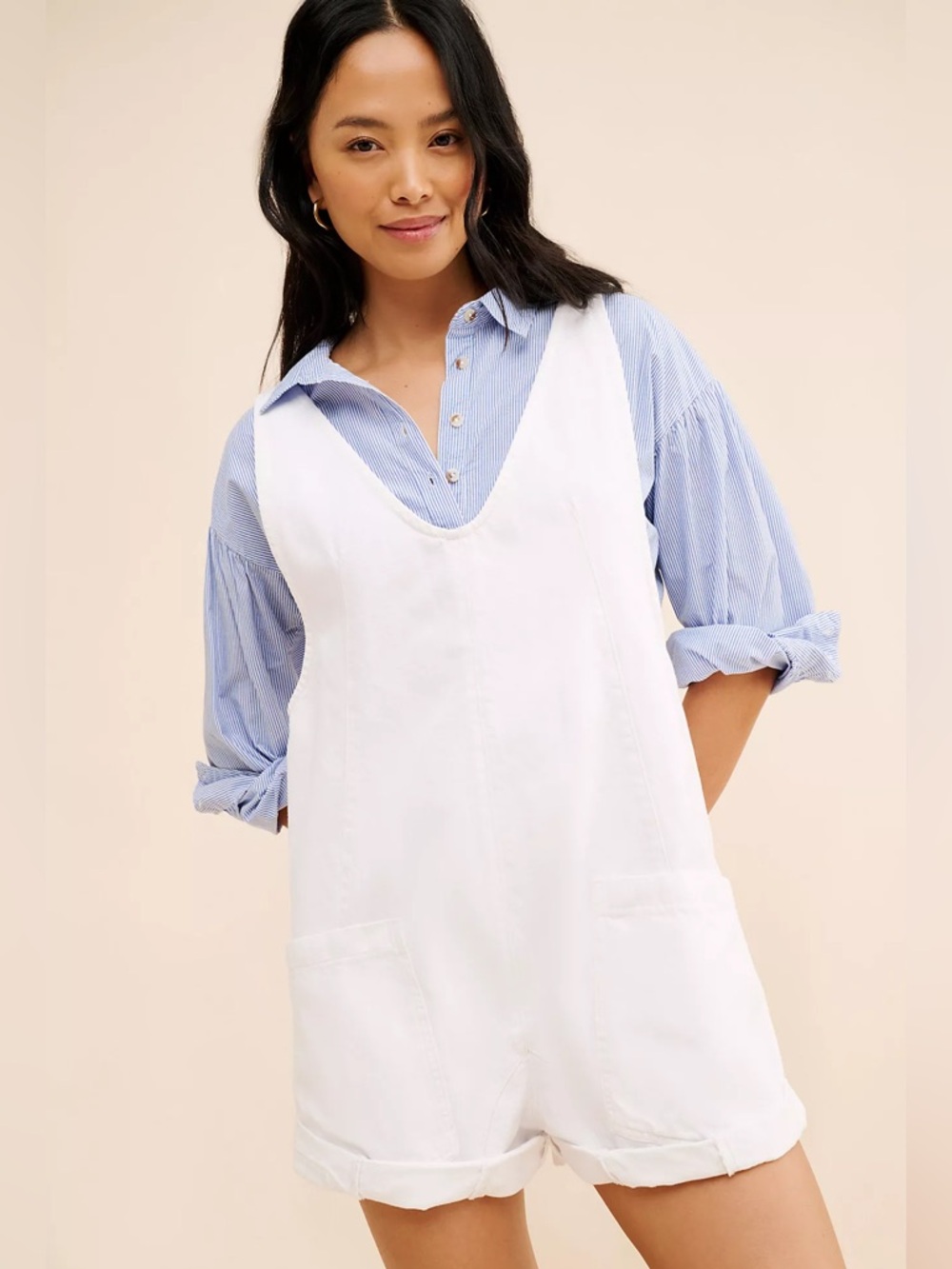 Women's White Linen Blend Short Overalls